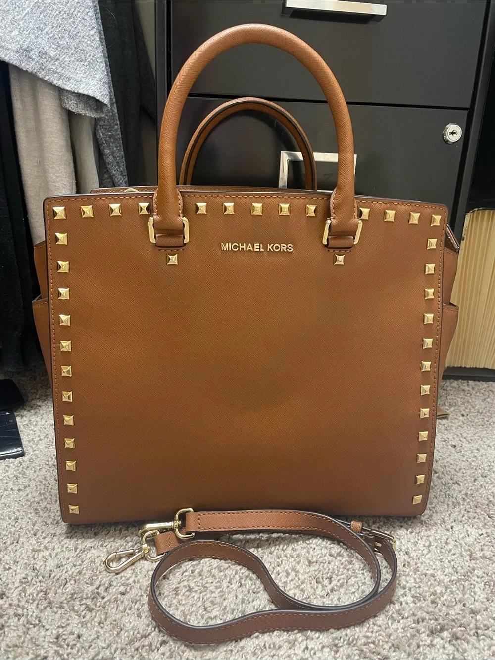 Michael Kors Brown Saffiano Leather Studded Satchel